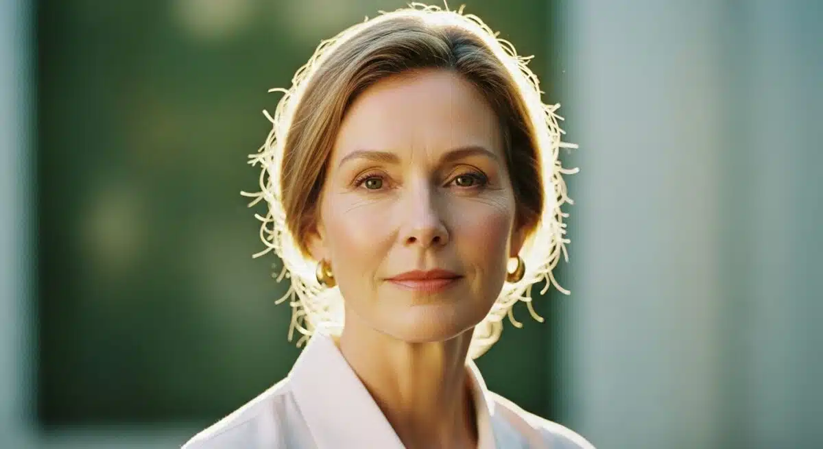 mulher madura com pele luminosa em luz natural, representando autocuidado e beleza natural após os 50 anos