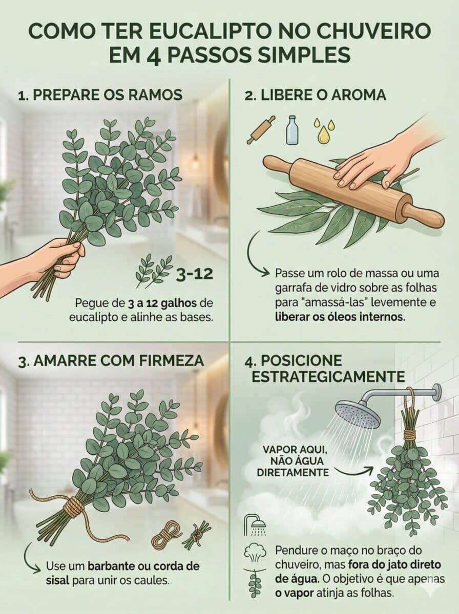 Infográfico para colocar eucalipto no chuveiro