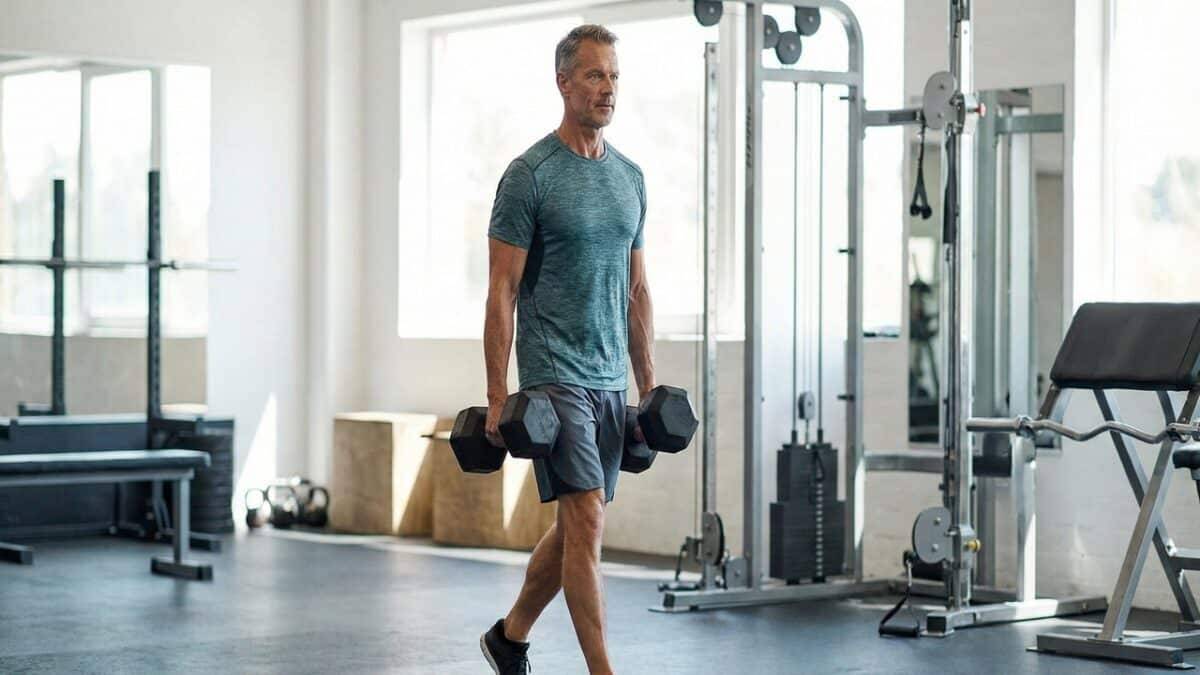 Senhor executando exercício de caminhada do fazendeiro com halteres na academia