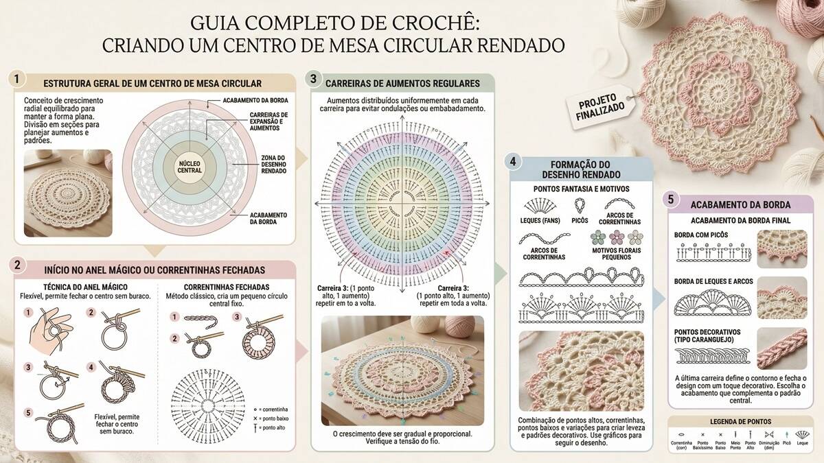 nfográfico detalhado em português sobre como fazer centro de mesa circular em crochê. Mostra 5 etapas: estrutura geral circular, início com anel mágico ou correntinhas fechadas, carreiras de aumentos regulares seguindo gráfico, formação do desenho rendado com leques, picôs e motivos florais, e acabamento da borda com ponto decorativo. Design educativo com cores pastel suagramas de pontos, layout limpo e profissional.