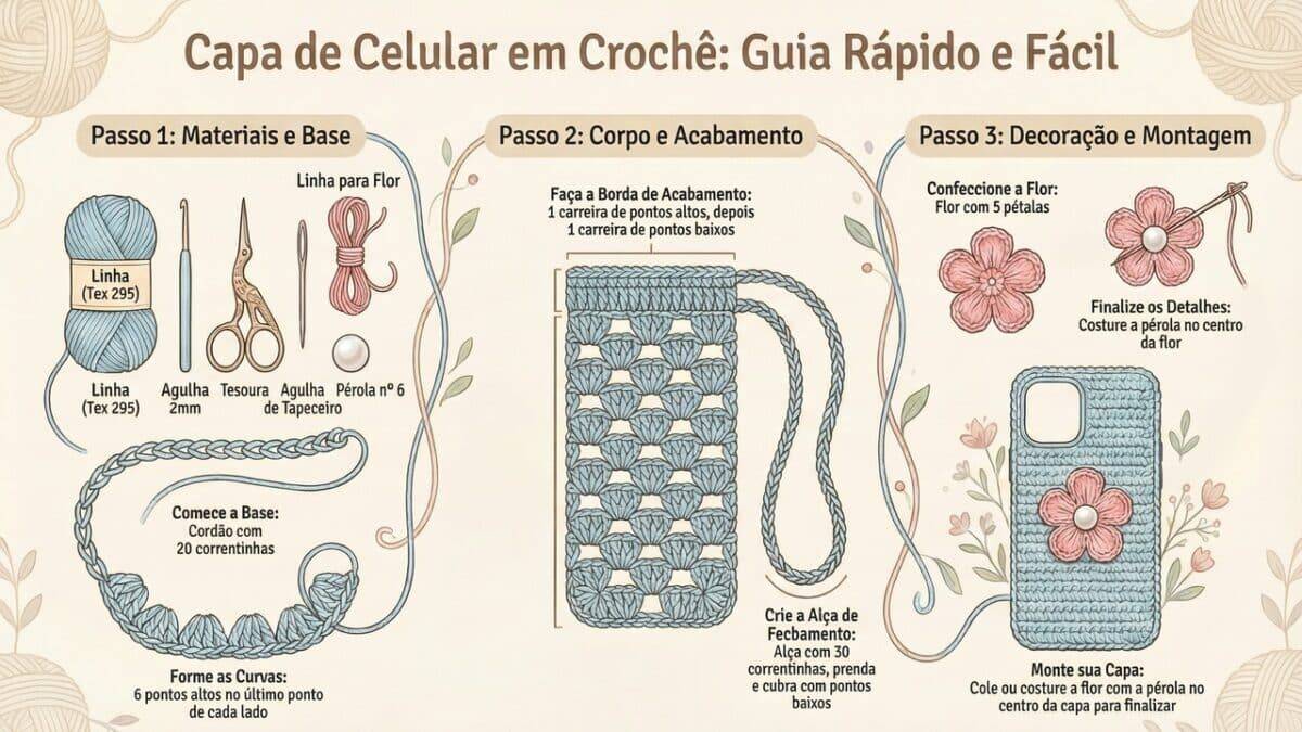 Infográfico de capinha de celular de crochê