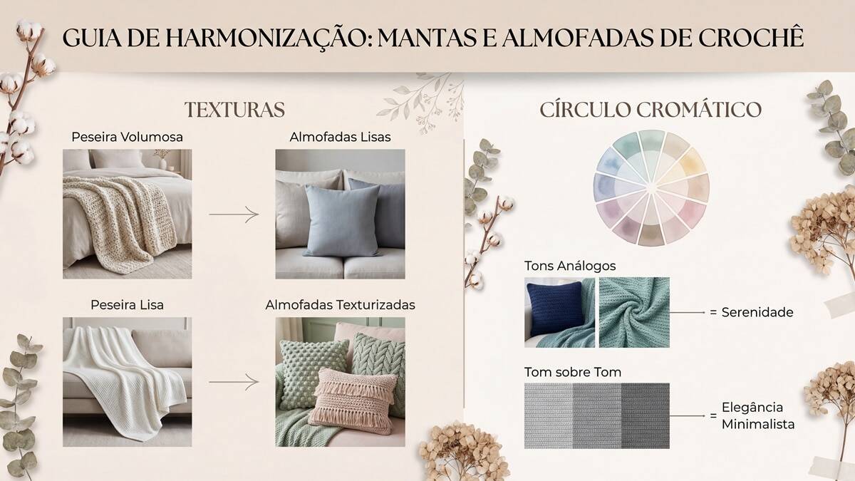 Infográfico sobre harmonização de mantas e almofadas de crochê com dicas de texturas e cores
