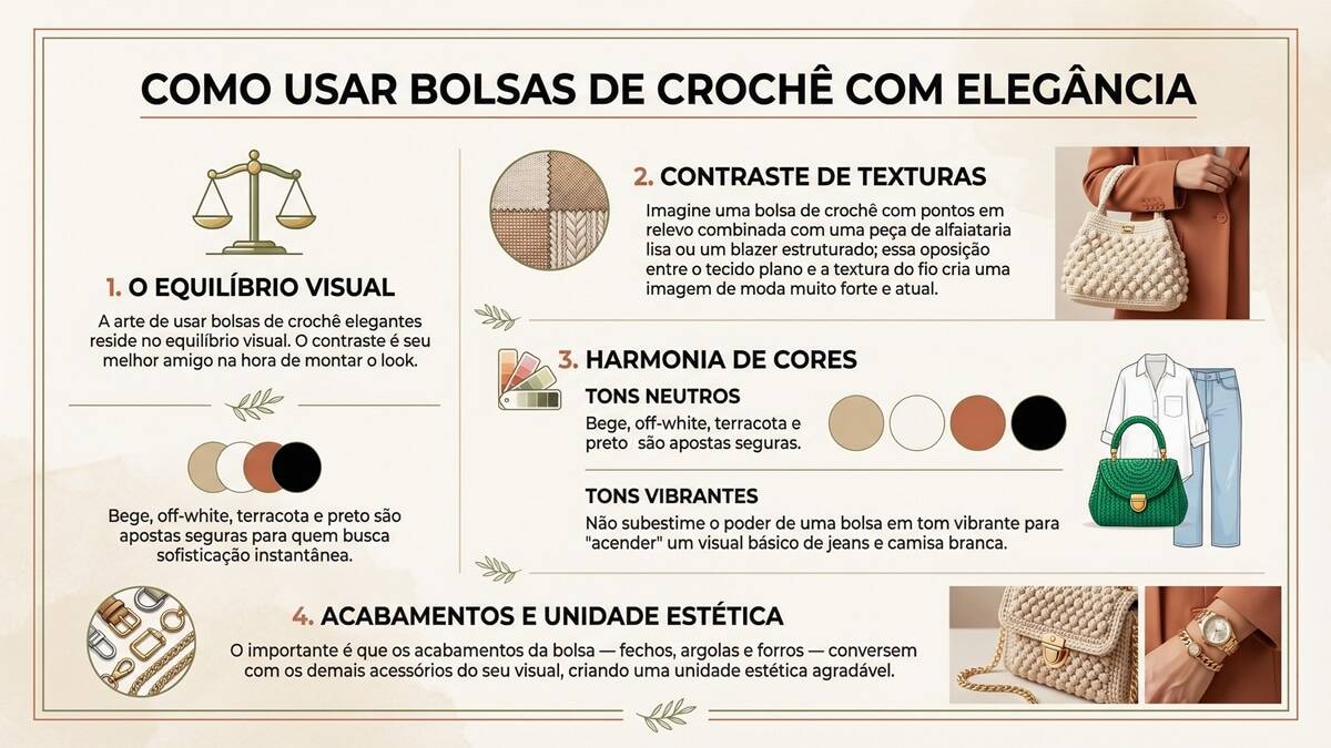nfográfico detalhado sobre como usar bolsas de crochê com elegância, incluindo dicas de equilíbrio visual, contraste de texturas, harmonia de cores e acabamentos