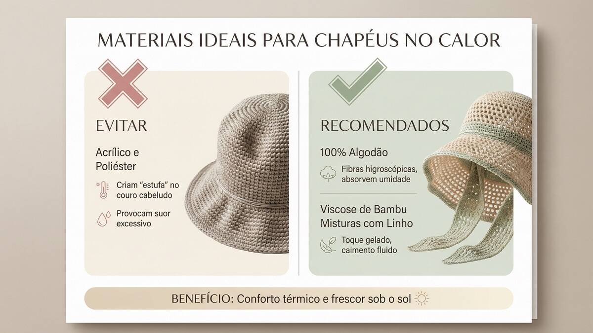 Infográfico sobre escolha de materiais para chapéus de crochê no calor, mostrando fibras a evitar e recomendadas