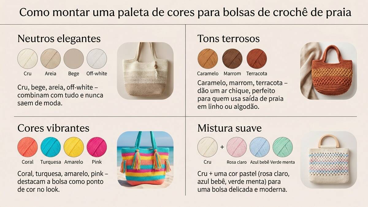 Infográfico sobre paletas de cores para bolsas de crochê de praia, mostrando combinações de neutros elegantes, tons terrosos, cores vibrantes e misturas suaves com textos em português sobre cada estilo de cor.
