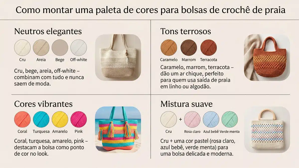 Infográfico sobre paletas de cores para bolsas de crochê de praia, mostrando combinações de neutros elegantes, tons terrosos, cores vibrantes e misturas suaves com textos em português sobre cada estilo de cor.