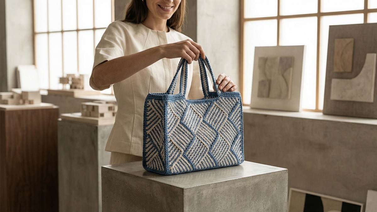 Bolsa de croche azul com detalhes off-white sobre pedestal minimalista em estudio de moda contemporaneo
