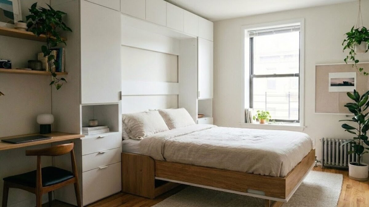 Cama dobrável de design moderno aberta em um quarto compacto e bem iluminado. O móvel apresenta roupa de cama em tons neutros e minimalistas, destacando a otimização de espaço em um ambiente de estilo contemporâneo.