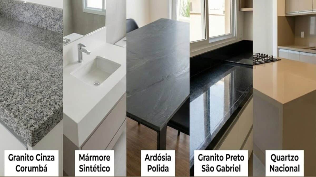 Uma colagem composta por cinco faixas verticais, cada uma apresentando um tipo de pedra de acabamento com sua respectiva etiqueta de identificação na base.