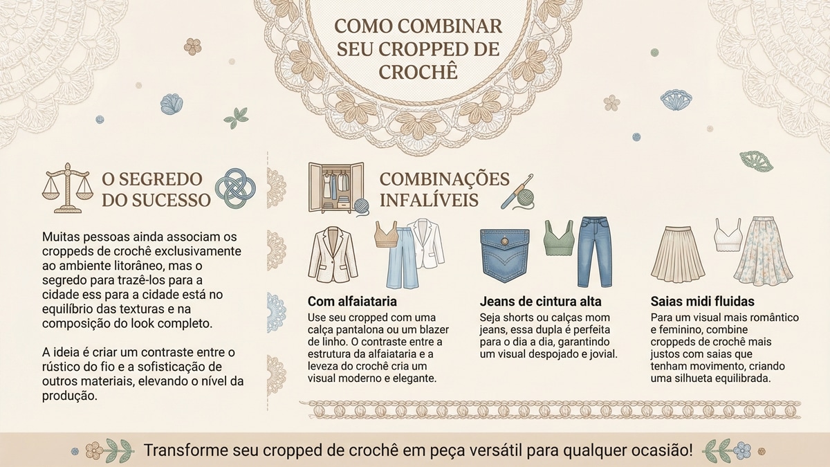 Infográfico completo em português sobre como combinar croppeds de crochê, com design moderno e elegante.