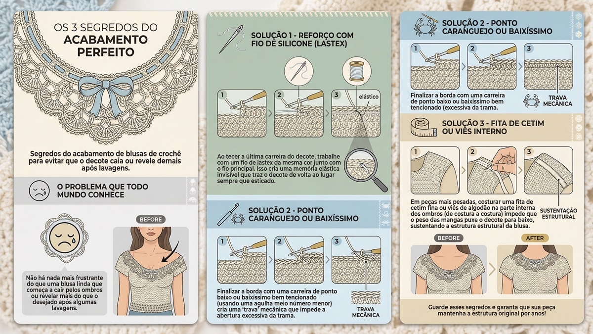 Infográfico completo em português sobre os 3 segredos do acabamento perfeito para blusas de crochê, com design moderno, atraente e educativo. O infográfico começa destacando o problema comum de decotes que caem ou revelam demais após lavagens, seguido de três soluções técnicas detalhadas.
