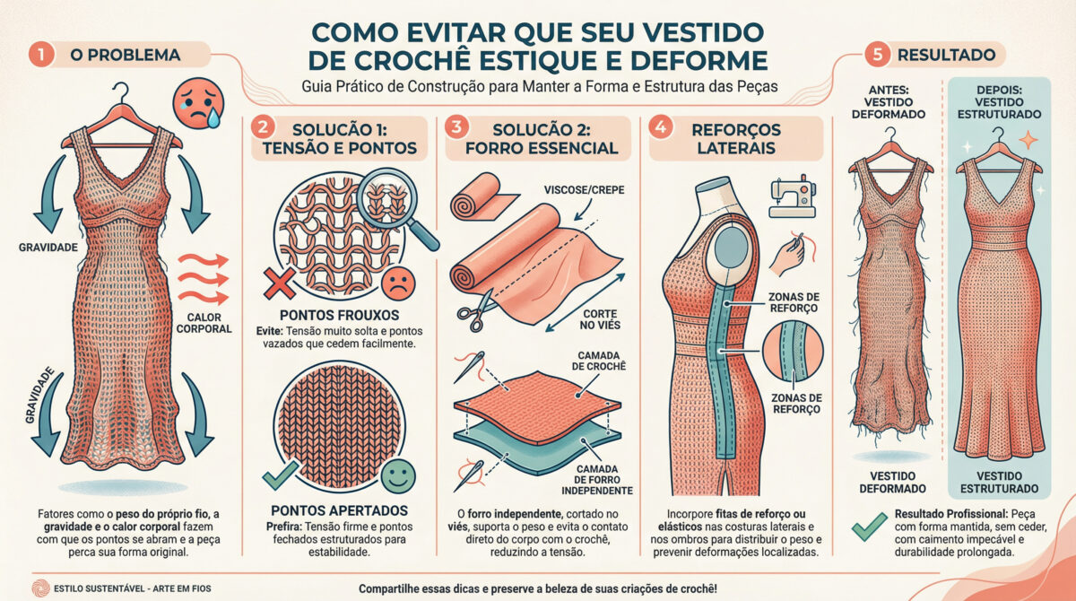 Infografico educativo sobre tecnica de blocagem e engomagem de centros de mesa em crocheasso a passo ilustrado