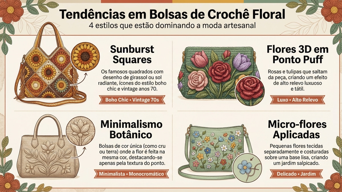 Infográfico com 4 tendências de bolsas de crochê floral em layout colorido