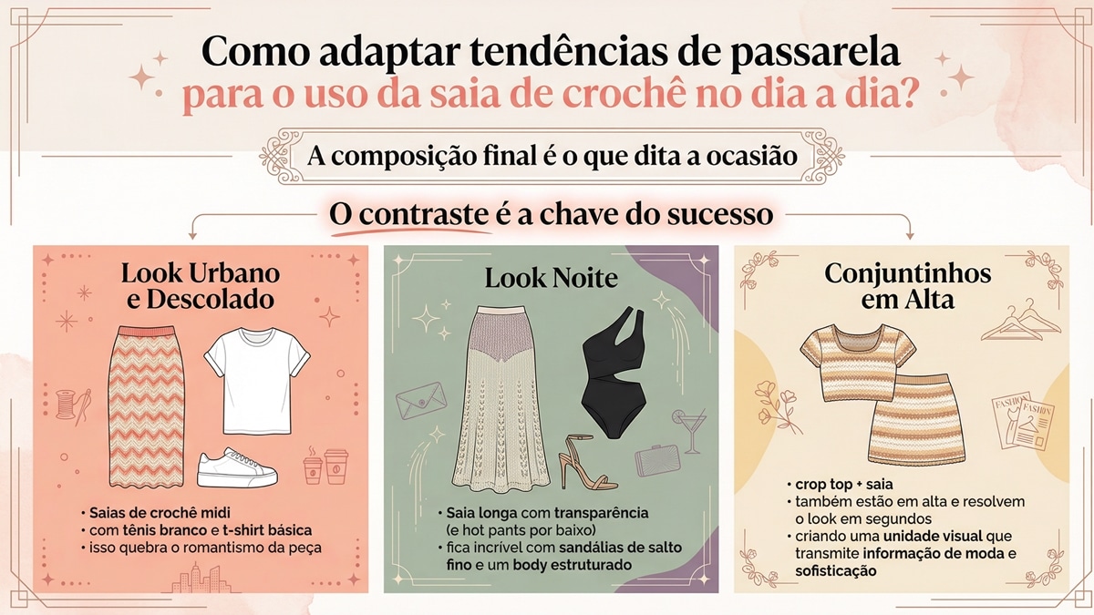 Infografico sobre como adaptar tendencias de passarela para uso de saia de croche no dia a dia