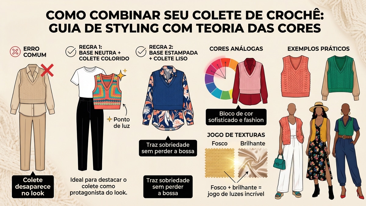 Infografico educativo sobre como combinar colete de croche usando teoria das cores e texturas com fundo bege e texto de alto contraste