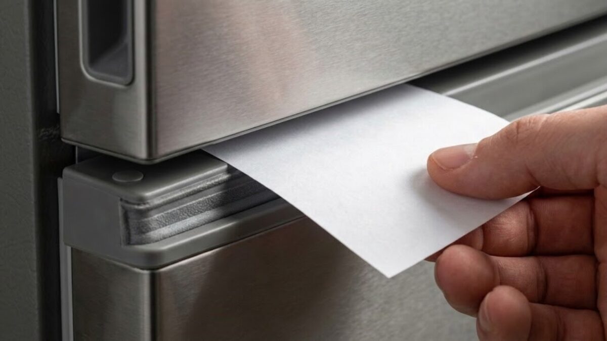 Mão humana colocando folha de papel na borracha cinza da porta da geladeira para verificar perda de ar frio.