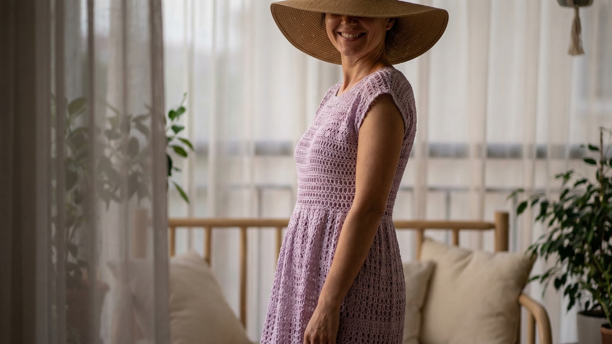 Mulher usando vestido de croche artesanal em lilas claro, ambiente sofisticado e charmoso
