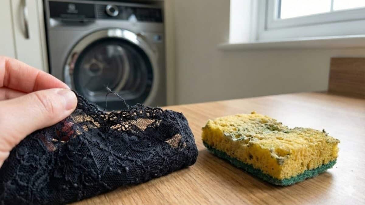 Uma mão segura uma peça de renda preta desfiada ao lado de uma esponja de cozinha velha sobre uma mesa de madeira, com uma máquina de lavar ao fundo.