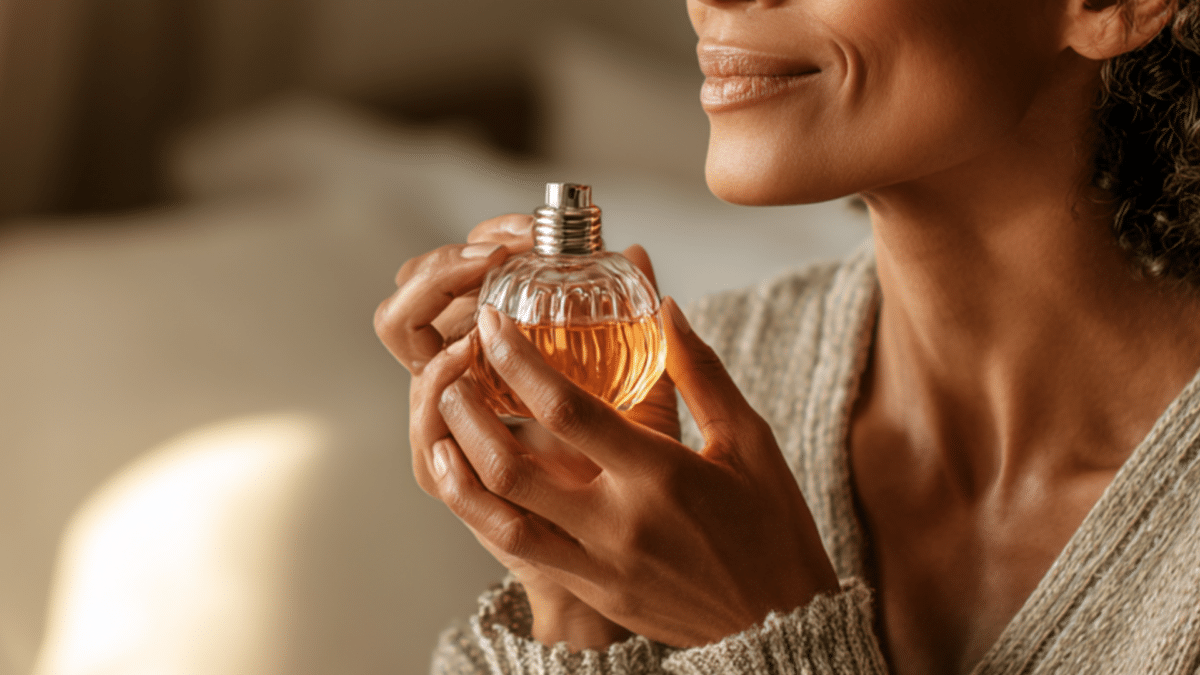 Mulher sentindo aroma do seu perfume