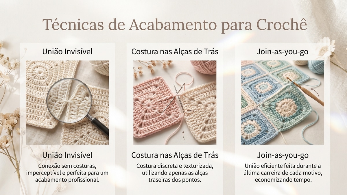 Infográfico sobre técnicas de acabamento para crochê invisíveis, alças de trás e join-as-you-go, layout limpo e organizado, em estilo fotografia editorial de moda artesanal com cores suaves e luz natural
