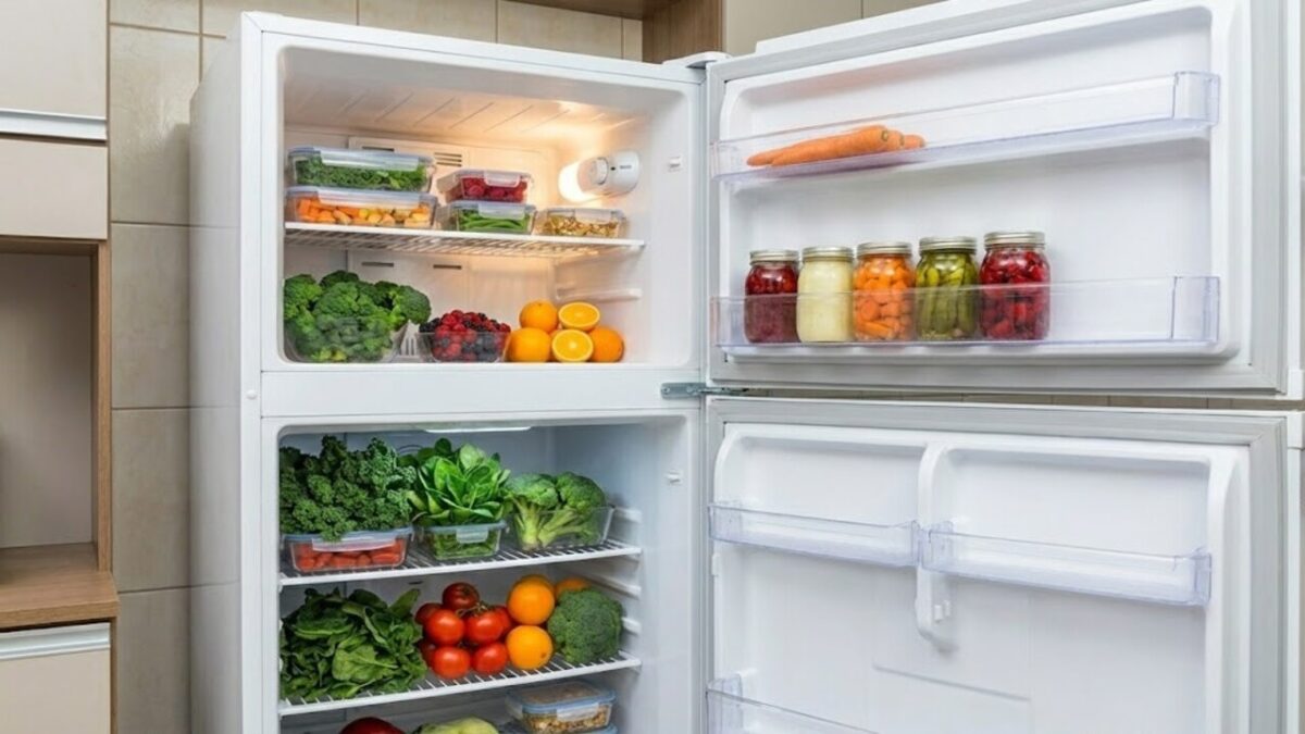 Uma geladeira branca aberta, cheia de alimentos organizados com o congelador cheio de potes transparentes com refeições, uma tigela com brócolis, laranjas e, na porta, potes de vidro com conservas coloridas, o refrigerador está cheio de folhas verdes frescas, brócolis, tomates, laranjas e potes transparentes nas prateleiras, a luz interna está acesa, iluminando o conteúdo e a geladeira está em uma cozinha com armários e azulejos bege.