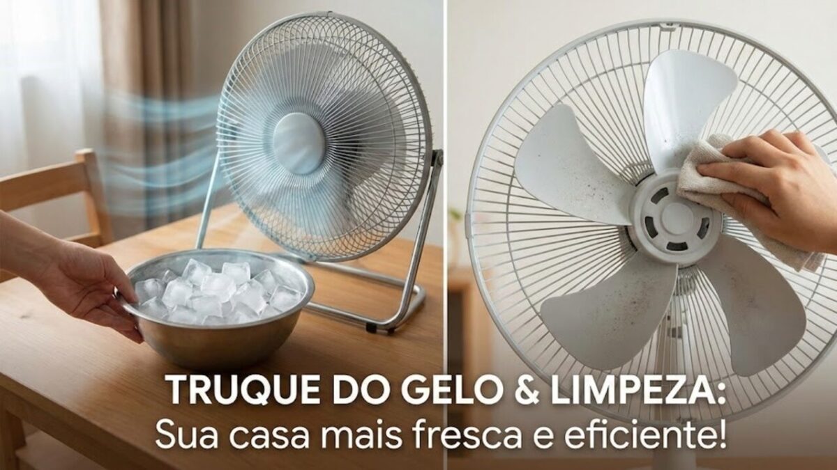 Montagem de duas fotos: à esquerda, uma bacia com cubos de gelo posicionada à frente de um ventilador ligado para refrescar o ambiente; à direita, uma pessoa limpando as pás de um ventilador com um pano. Abaixo, o texto 'Truque do gelo e limpeza: sua casa mais fresca e eficiente'.