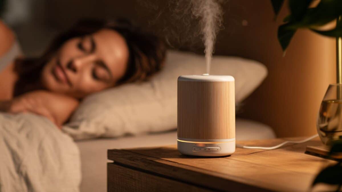 Mulher dormindo ao lado de um difusor de óleos essenciais, um dos métodos mais utilizados para combater a insônia de forma natural