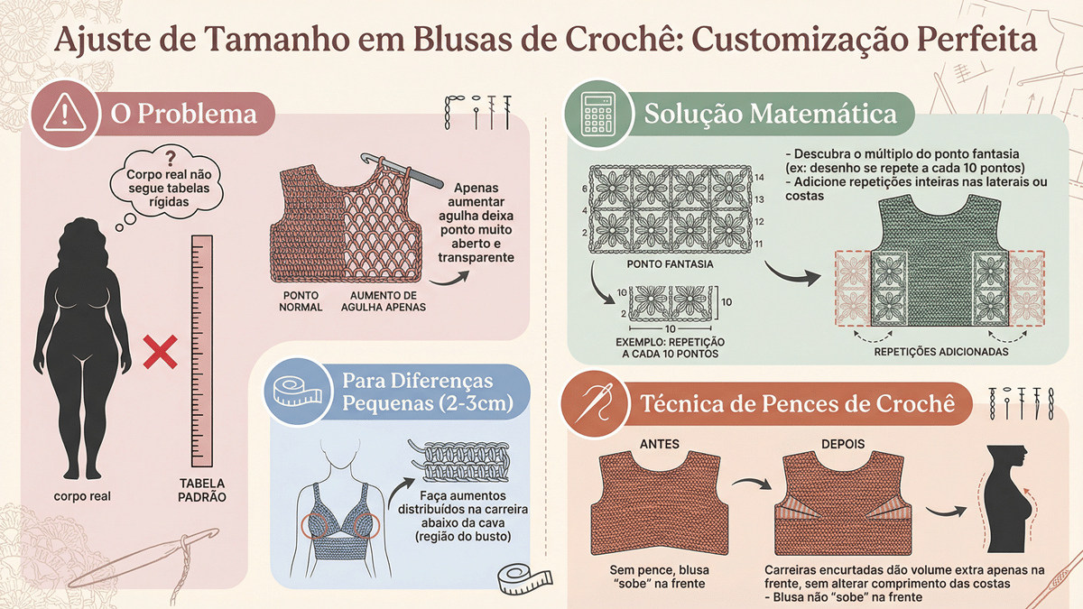 Infografico educativo sobre como ajustar tamanho de blusas de croche para corpos reais usando multiplos de pontos e tecnica de pences