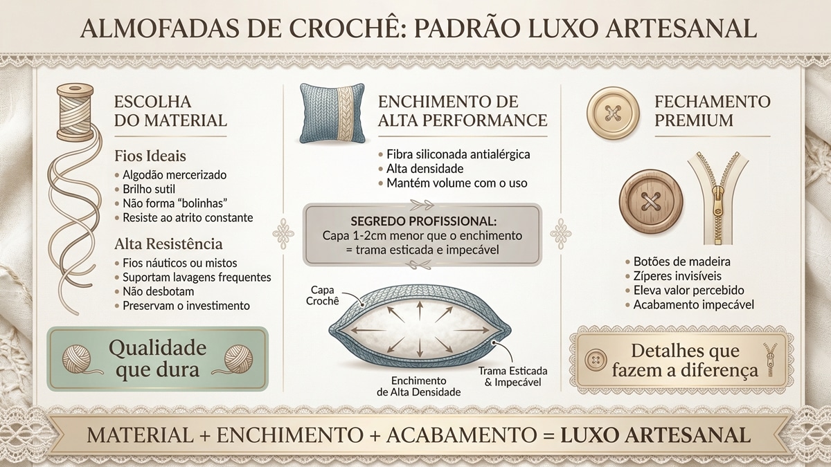Infografico educativo sobre como criar almofadas de croche de luxo artesanal com dicas de materiais enchimento e fechamento premium