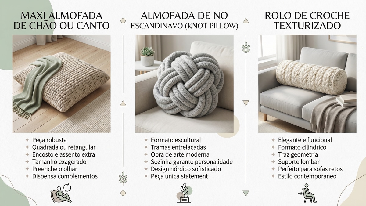Infografico apresentando tres tipos de almofadas statement de croche: maxi almofada de chao, almofada de no escandinavo e rolo texturizado