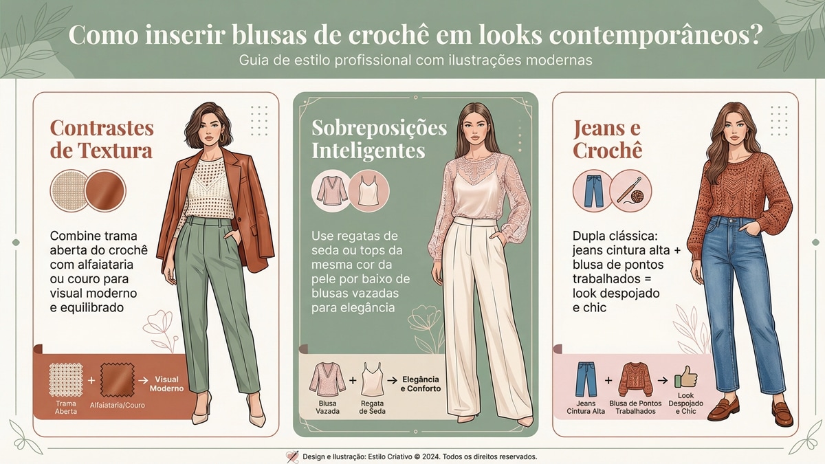 Infografico de moda com tres dicas para usar blusas de croche em looks contemporaneos incluindo contrastes de textura e sobreposicoes
