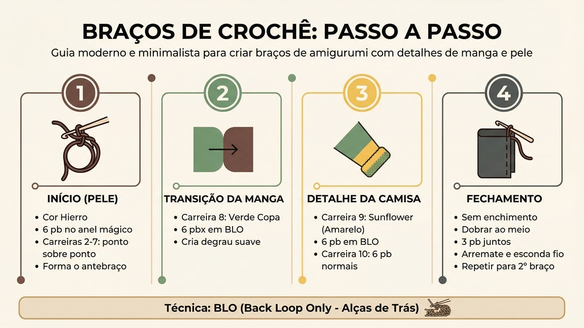 Infografico tutorial passo a passo para fazer bracos de croche com quatro etapas coloridas e instrucoes detalhadas em layout editorial limpo
