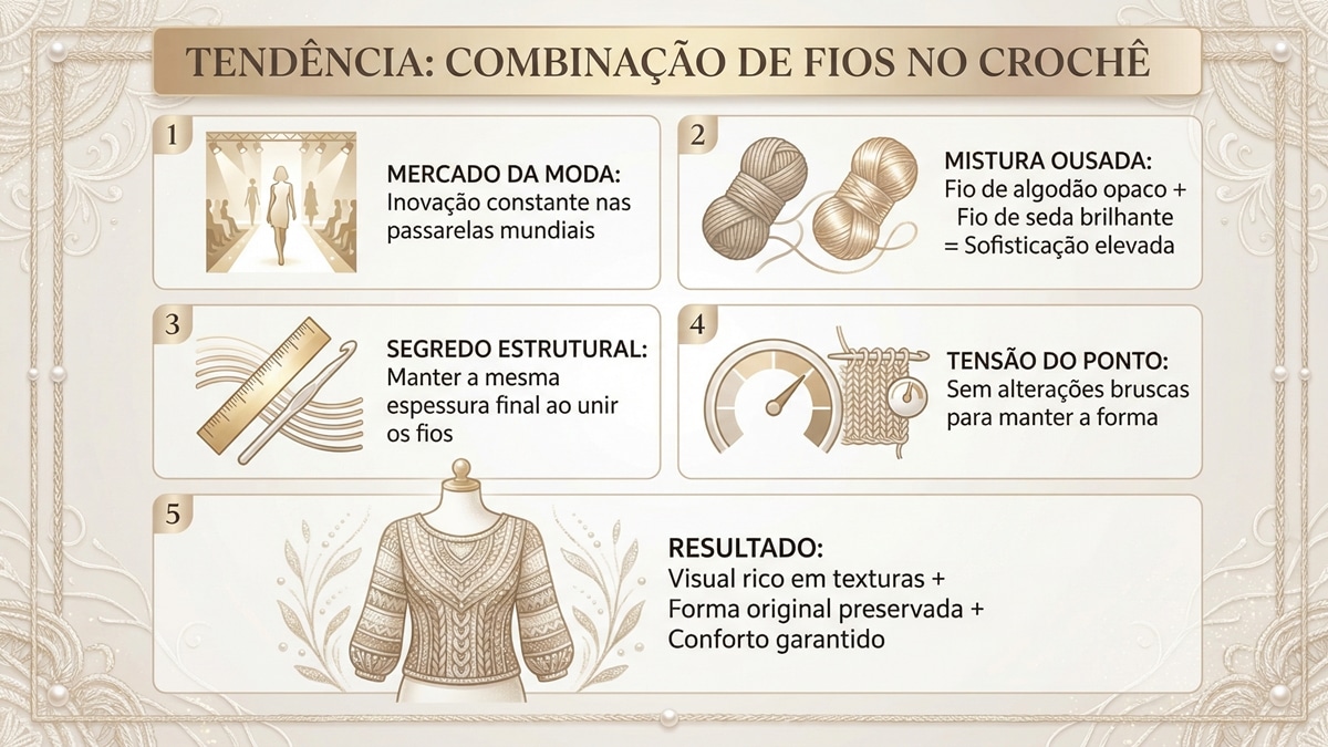 Infografico educativo sobre tendencia de combinacao de diferentes fios texteis no croche de moda