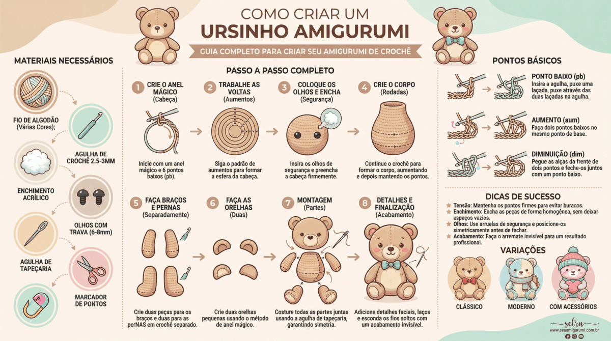 Infografico educativo com passo a passo completo sobre como criar um ursinho amigurumi de croche