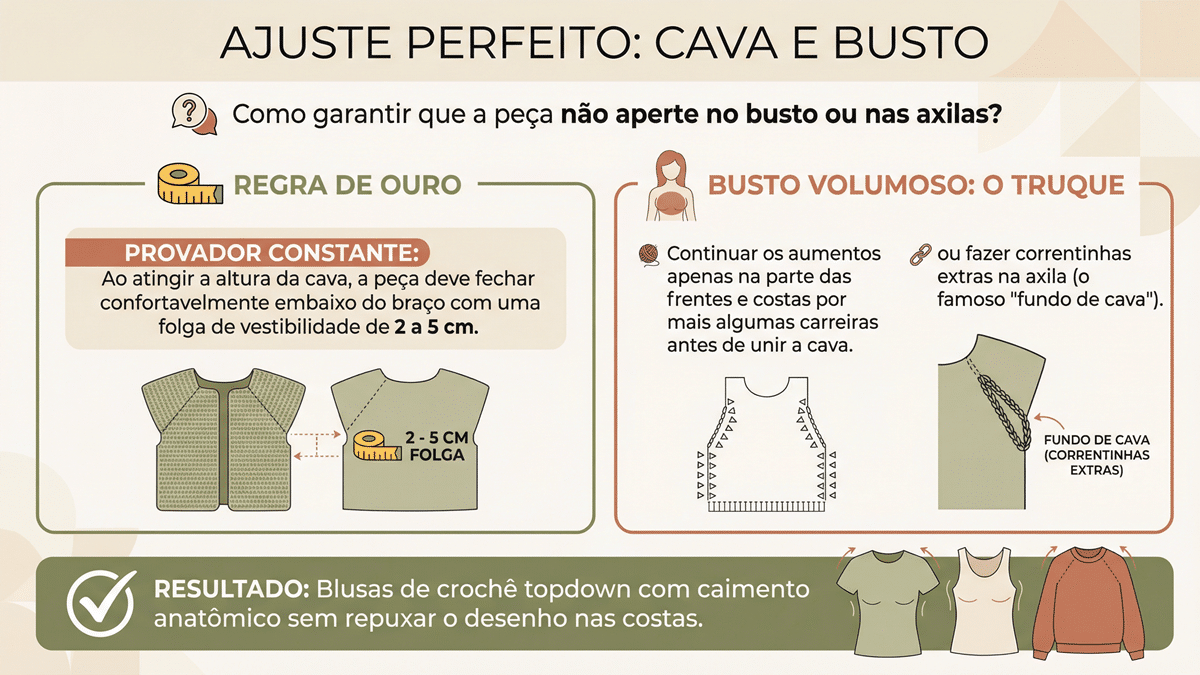 Infografico em portugues sobre ajuste perfeito de cava e busto em blusas de croche com dicas de folga e tecnicas para busto volumoso