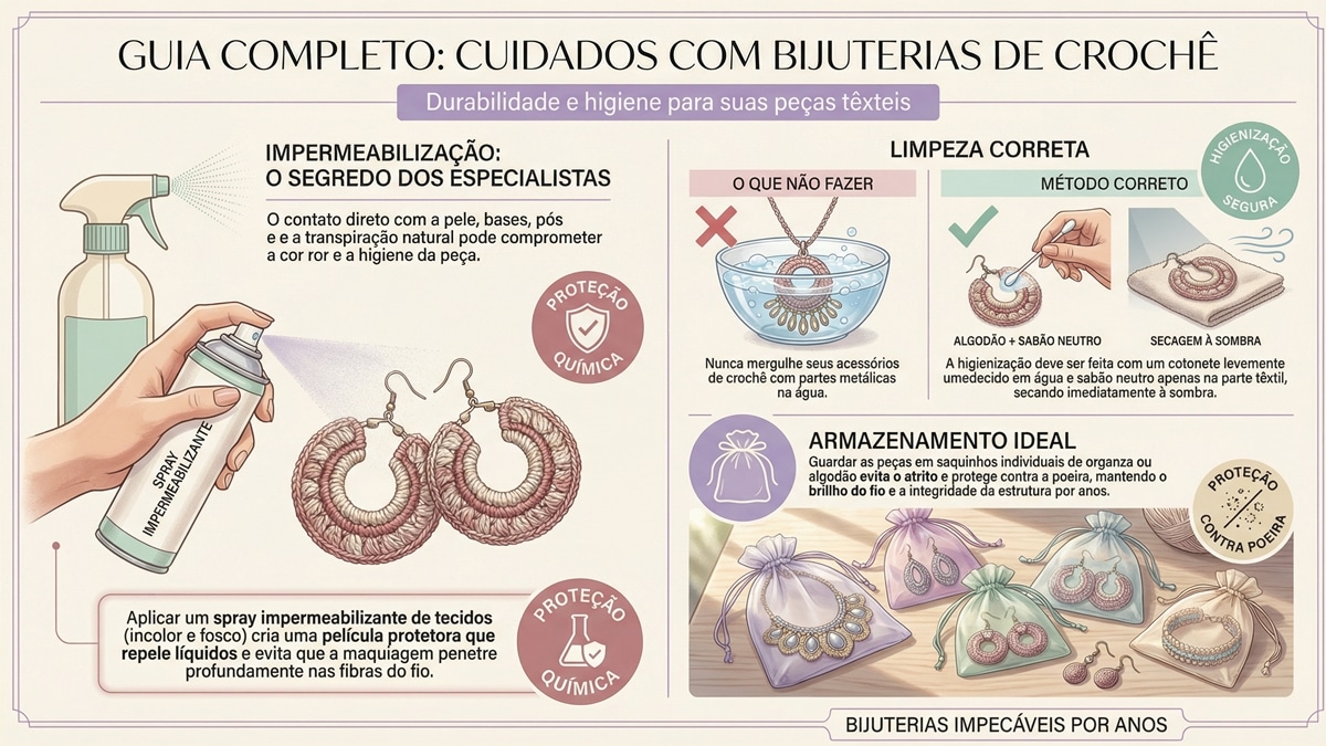 Infografico educativo mostrando tres etapas de cuidados com bijuterias de croche: impermeabilizacao com spray, limpeza correta com cotonete e armazenamento em saquinhos de organza