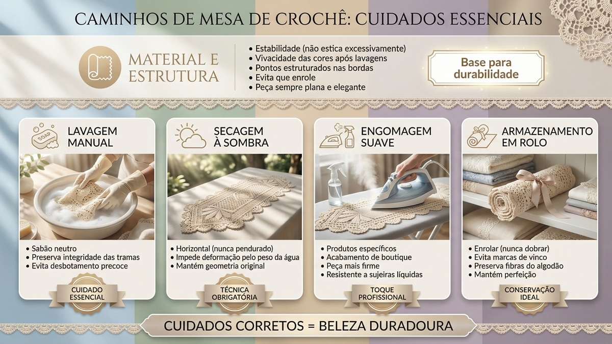 Infografico educativo sobre cuidados essenciais com caminhos de mesa de croche incluindo lavagem secagem engomagem e armazenamento