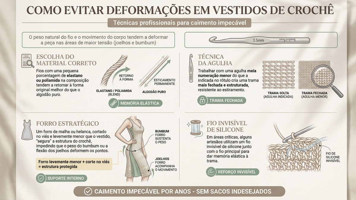 Infografico tecnico mostrando quatro metodos para evitar deformacoes em vestidos de croche: escolha de fios com elastano, uso de agulha menor, forro estrategico e fio invisivel de silicone