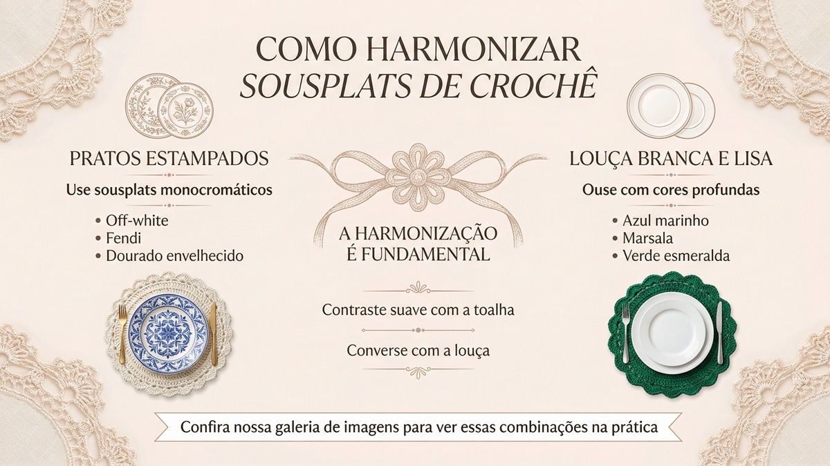 Infografico educativo mostrando como harmonizar sousplats de croche com pratos estampados e louça branca, com sugestoes de cores e dicas de combinacao