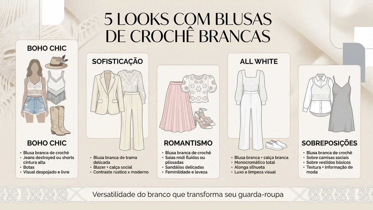 Infografico de moda sobre como usar saias de croche em ambientes urbanos e resort com dicas de combinacoes de texturas e tecidos nobres