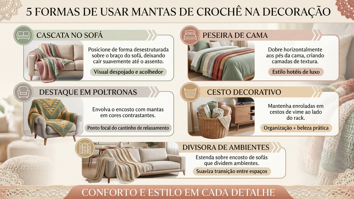 Infografico com cinco formas criativas de usar mantas de croche na decoracao incluindo sofa cama poltrona cesto e divisor de ambientes