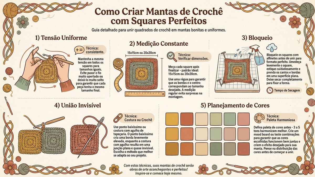 Infografico educativo com tecnicas para criar mantas de croche com squares perfeitos incluindo tensao uniforme medicao e bloqueio