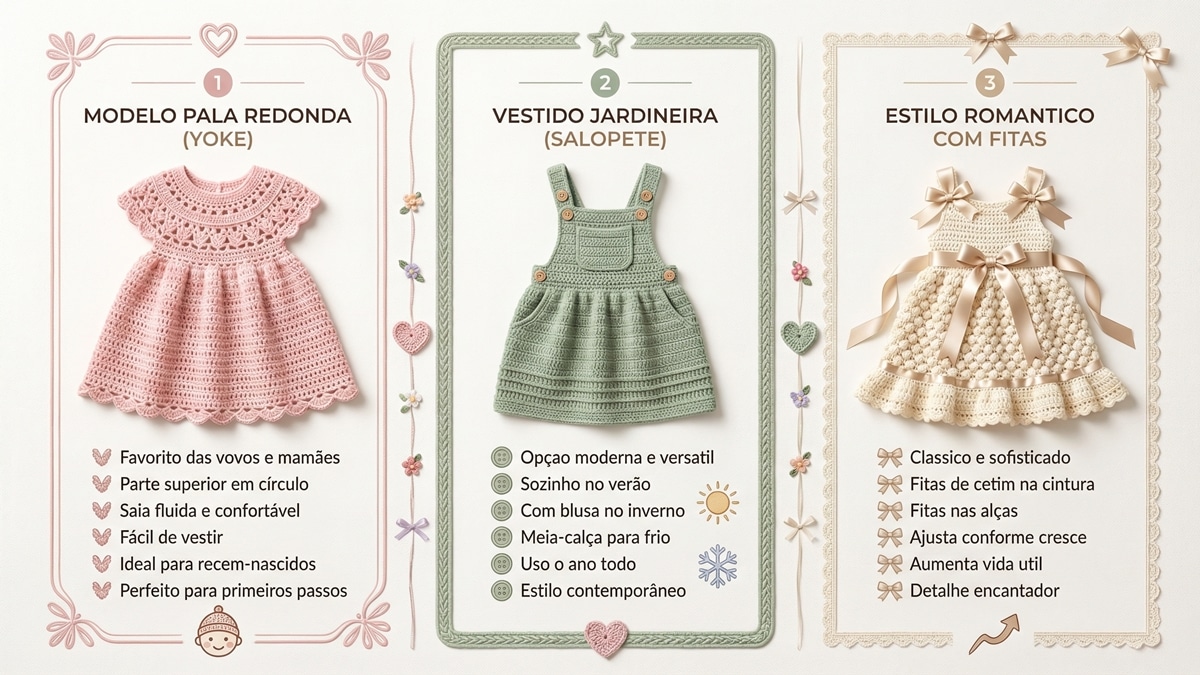 Infografico apresentando tres modelos de vestidos de croche infantil: pala redonda yoke, jardineira salopete e estilo romantico com fitas