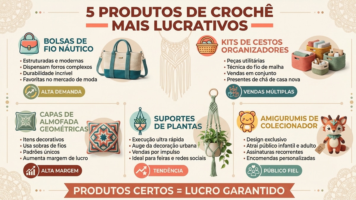 Infografico com cinco produtos de croche mais lucrativos incluindo bolsas cestos almofadas amigurumis e suportes de plantas