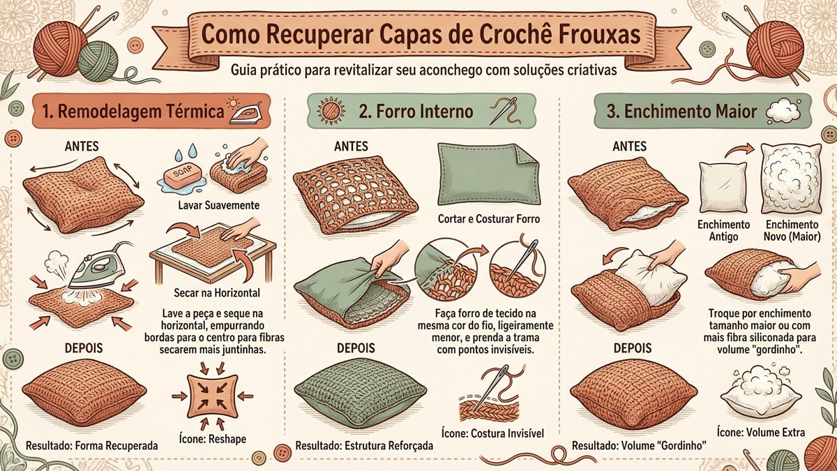 Infografico com tres solucoes praticas para recuperar capas de almofadas de croche frouxas incluindo remodelagem termica e forro interno