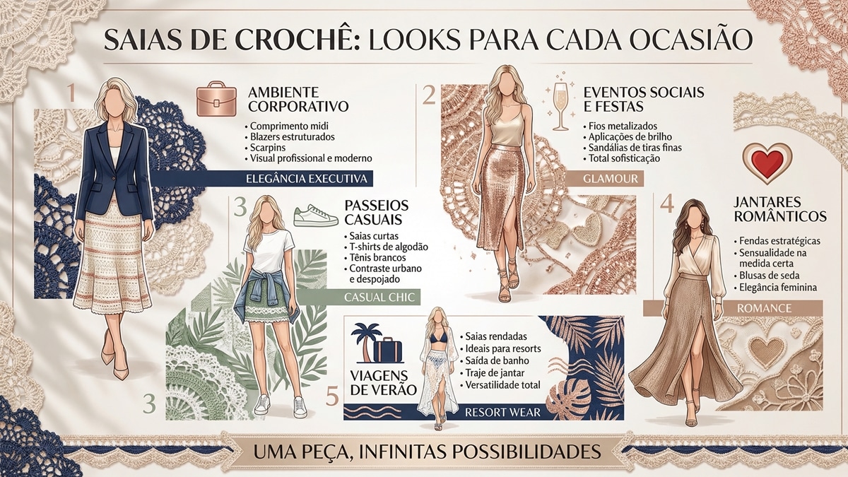 Infografico de moda com cinco formas de usar saias de croche em diferentes ocasioes incluindo trabalho festas passeios jantares e viagens