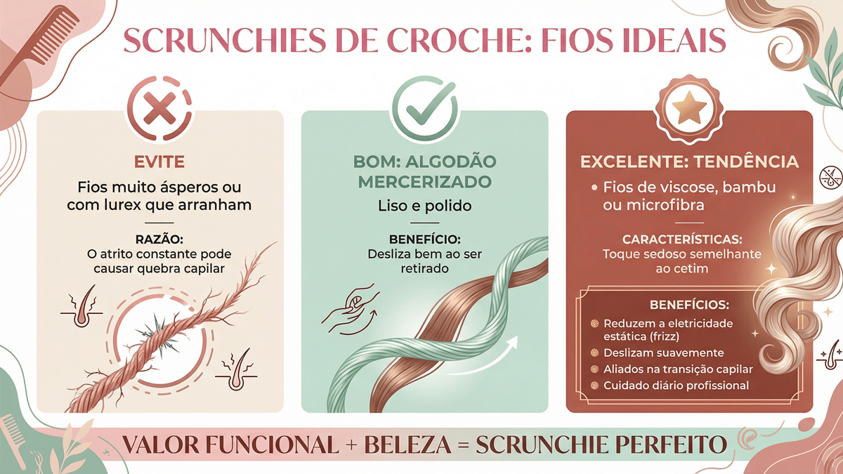 Infografico em portugues sobre fios ideais para scrunchies de croche com foco em cuidado capilar, destacando algodao mercerizado, viscose, bambu e microfibra