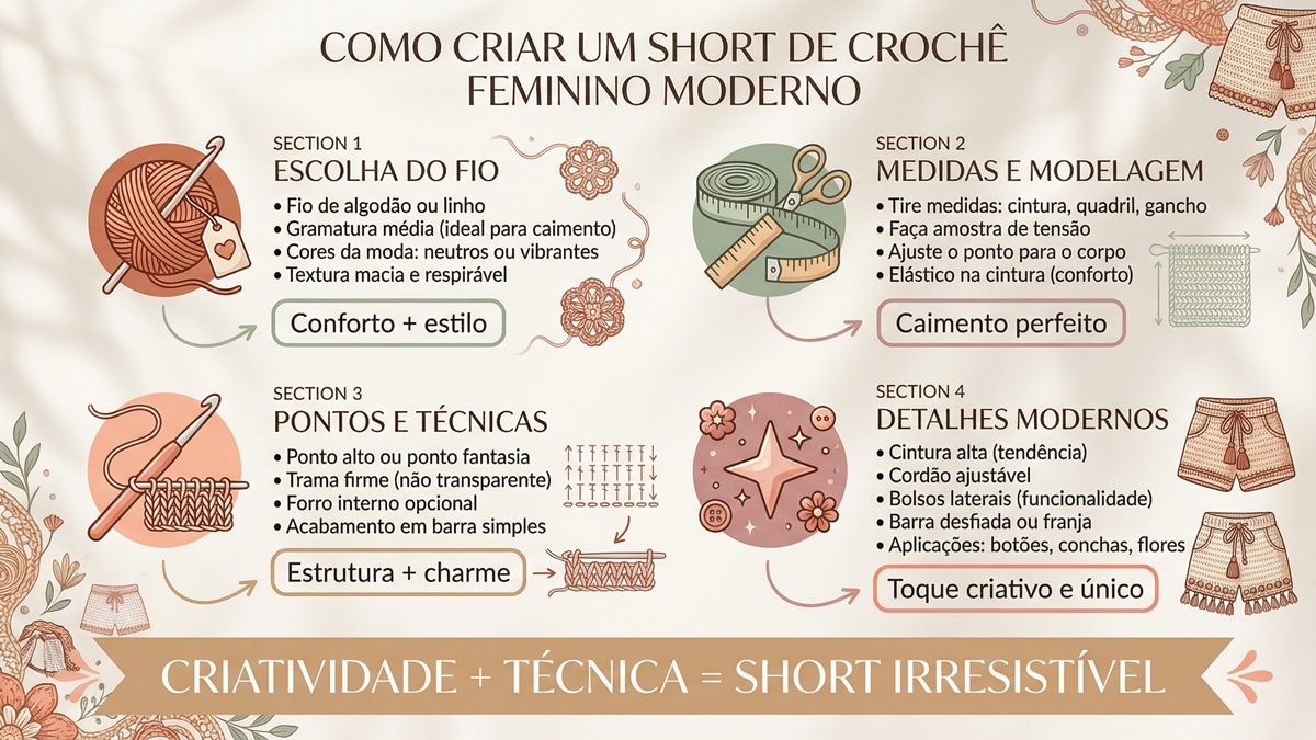 Infografico educativo sobre como criar short de croche feminino moderno com dicas de fios medidas pontos e detalhes criativos