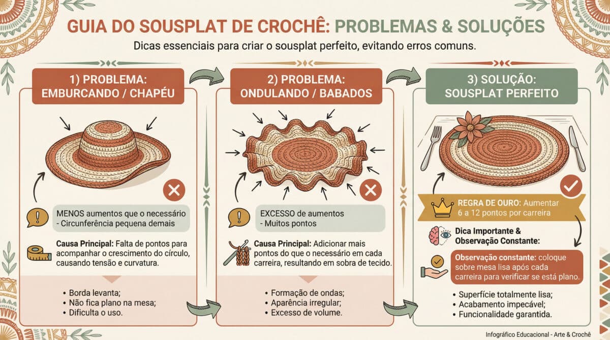 Infografico educativo sobre como evitar que sousplats de croche emburquem ou ondulem com solucoes praticas e regra de aumentos