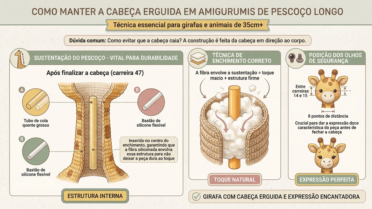 Infografico tecnico mostrando como manter cabeca erguida em girafa amigurumi de 35cm, com diagrama de sustentacao interna do pescoco, tecnica de enchimento e posicionamento correto dos olhos de seguranca